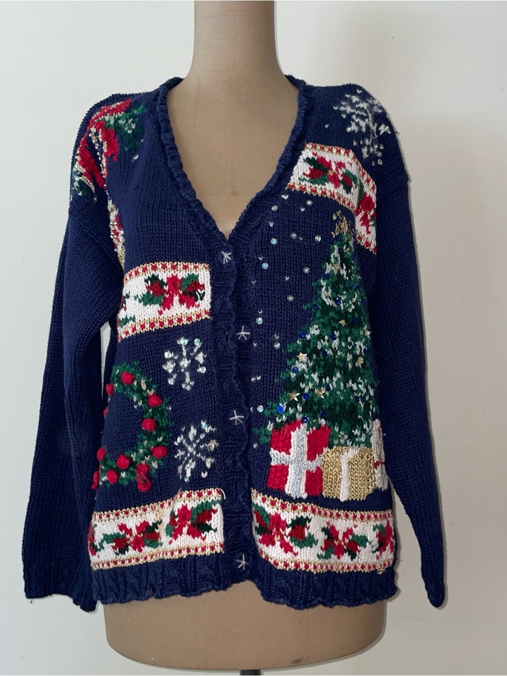Tiara Navy Holiday Cardigan with Green Tree & Red Wreath Accents